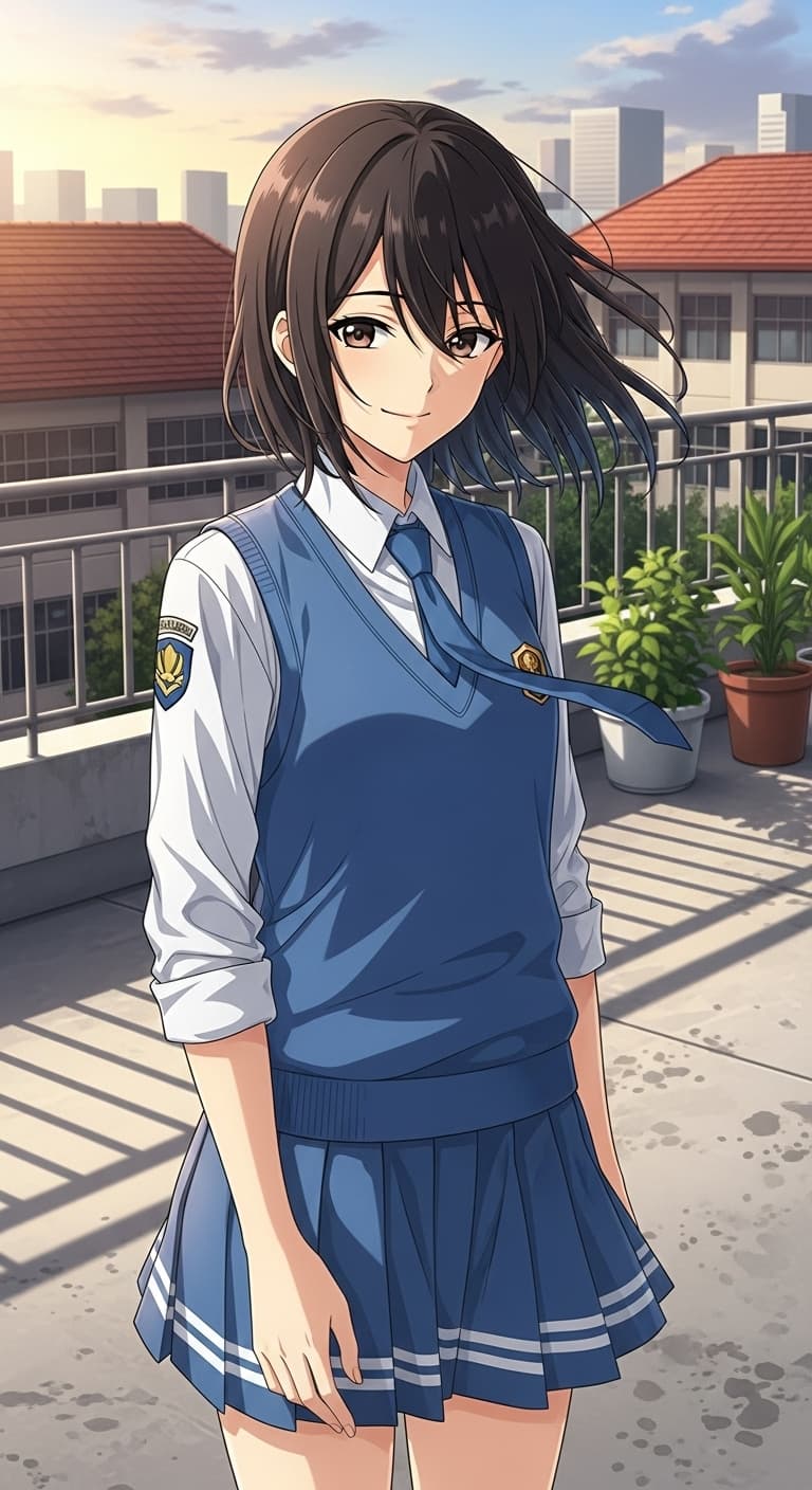Karakter anime Indonesia dengan seragam modern berwarna putih-biru, berdiri di rooftop sekolah, angin meniup rambut, vibe slice-of-life yang hangat.