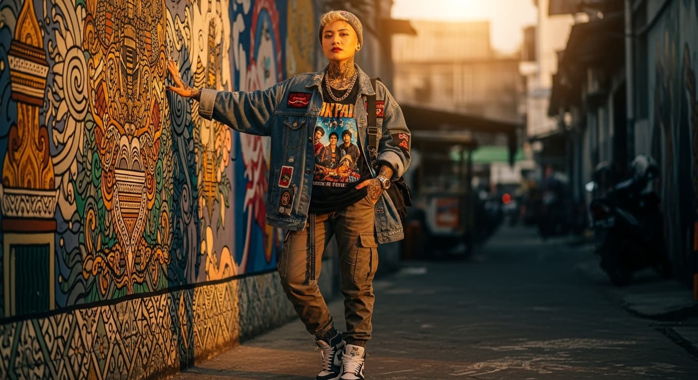 Model Indonesia dengan outfit streetwear modern berdiri di gang kota urban penuh mural colorful. Pencahayaan senja keemasan, vibe edgy, pose santai dengan ekspresi confident.
