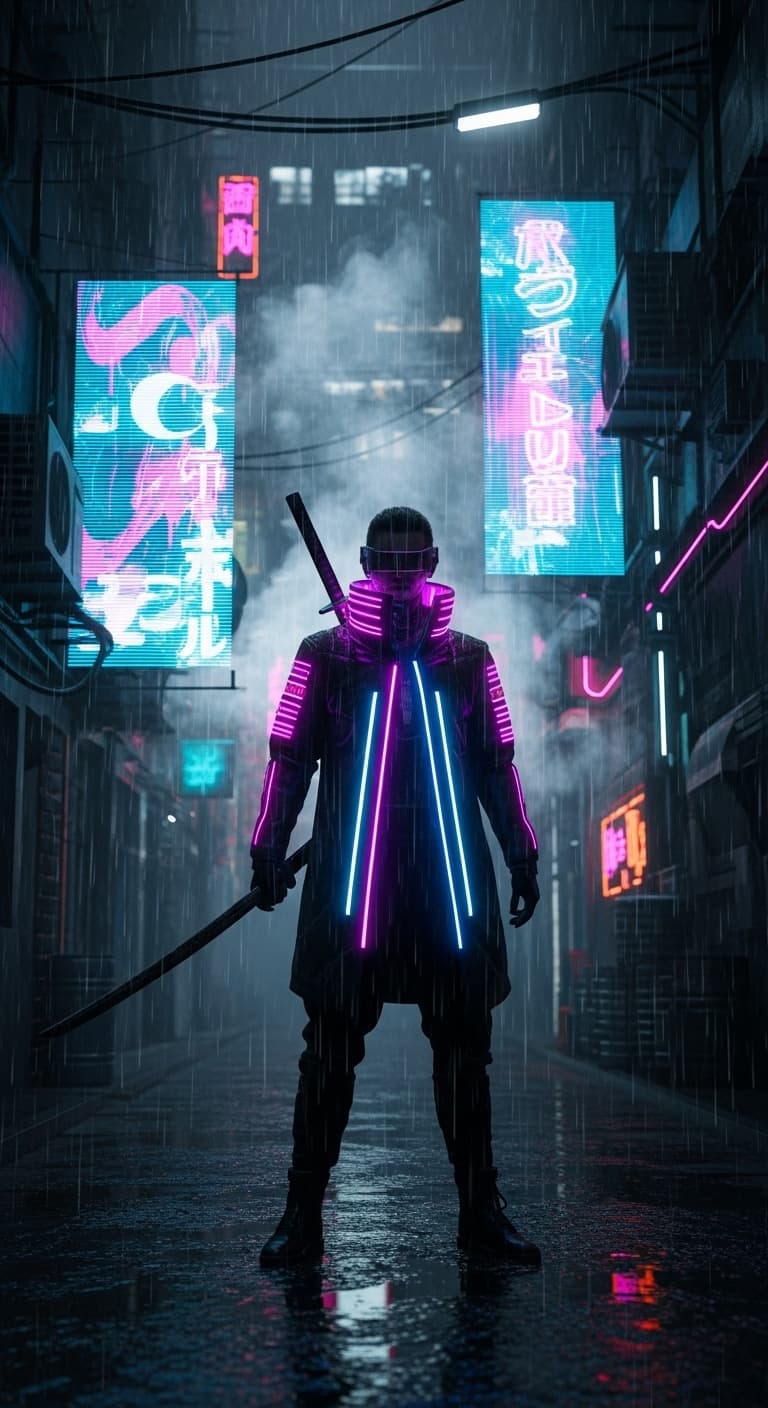 Seorang samurai futuristik berjaket neon berdiri di tengah gang kota cyberpunk penuh hologram, hujan tipis memantulkan cahaya biru-magenta di jalan basah, atmosfer smoky dan cinematic.